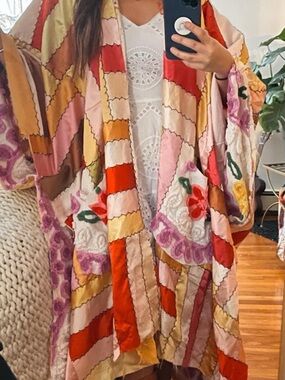 Patchwork Boho Kimono Jacket in Pink, Red, Yellow